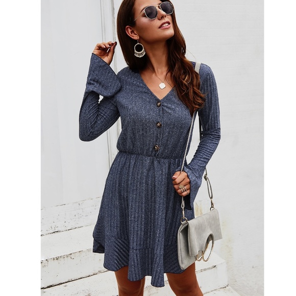 Rib Knit V Neck Navy Short Dress Long Sleeve - Picture 2 of 8